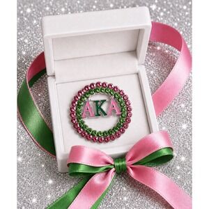 Alpha Kappa Alpha AKA Sorority Pink‎ Green Rhinestone Wreath Brooch Pin Jewelry
